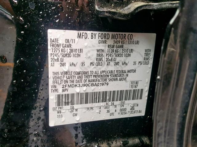 2FMDK3J90CBA01979 - 2012 FORD EDGE SEL BLACK photo 10