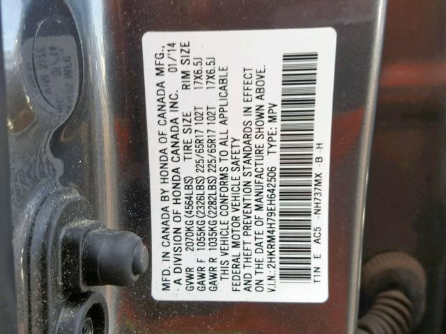 2HKRM4H79EH642506 - 2014 HONDA CR-V EXL GRAY photo 10