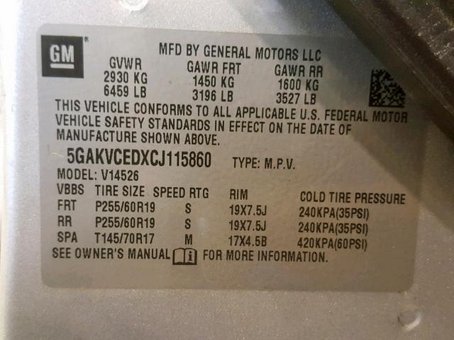 5GAKVCEDXCJ115860 - 2012 BUICK ENCLAVE SILVER photo 10