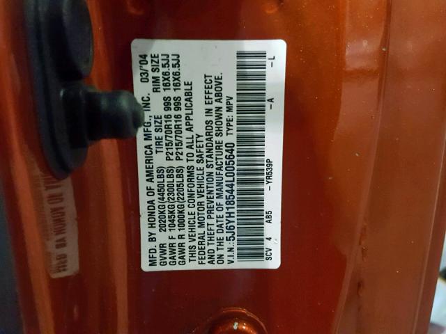 5J6YH18544L005640 - 2004 HONDA ELEMENT EX ORANGE photo 10