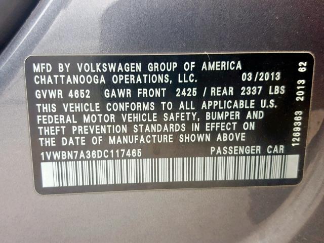 1VWBN7A36DC117465 - 2013 VOLKSWAGEN PASSAT SE SILVER photo 10