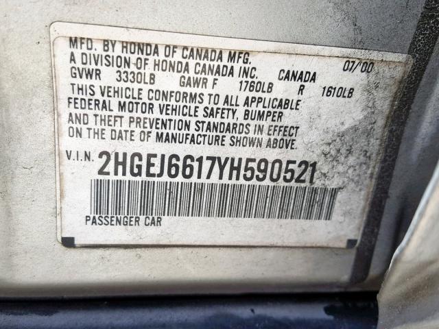 2HGEJ6617YH590521 - 2000 HONDA CIVIC BASE SILVER photo 10