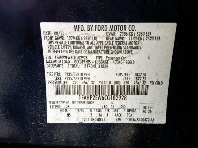 1FAHP2EW6CG102928 - 2012 FORD TAURUS SEL BLUE photo 10