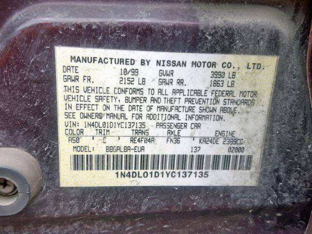 1N4DL01D1YC137135 - 2000 NISSAN ALTIMA XE PURPLE photo 10