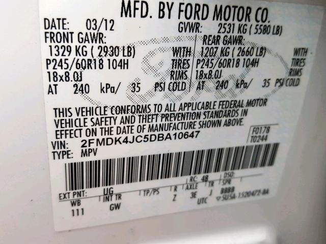 2FMDK4JC5DBA10647 - 2013 FORD EDGE SEL WHITE photo 10