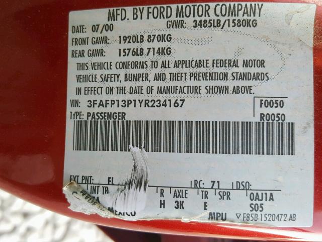 3FAFP13P1YR234167 - 2000 FORD ESCORT RED photo 10