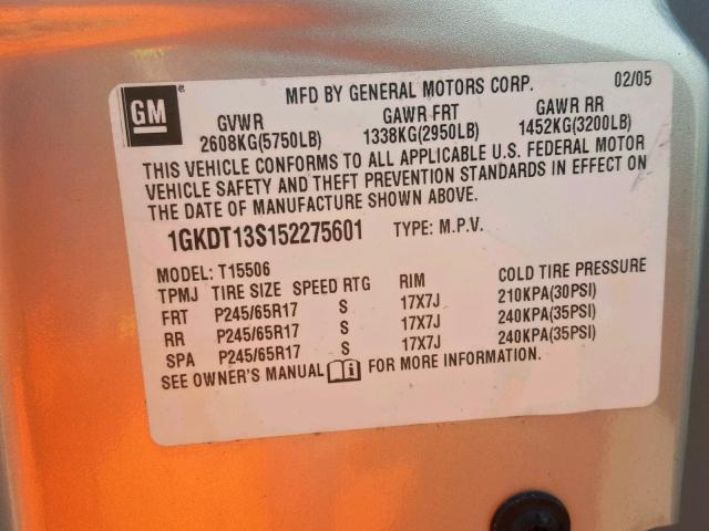 1GKDT13S152275601 - 2005 GMC ENVOY GRAY photo 10