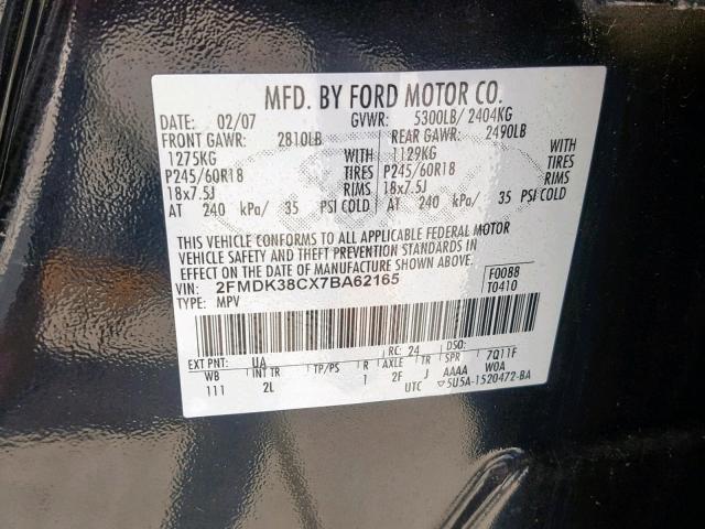 2FMDK38CX7BA62165 - 2007 FORD EDGE SEL BLACK photo 10