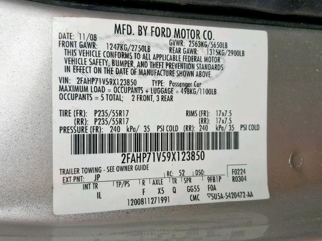 2FAHP71V59X123850 - 2009 FORD CROWN VICT GRAY photo 10