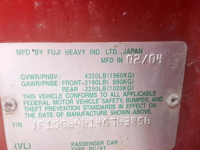 JF1SG69614G763856 - 2004 SUBARU FORESTER 2 RED photo 10