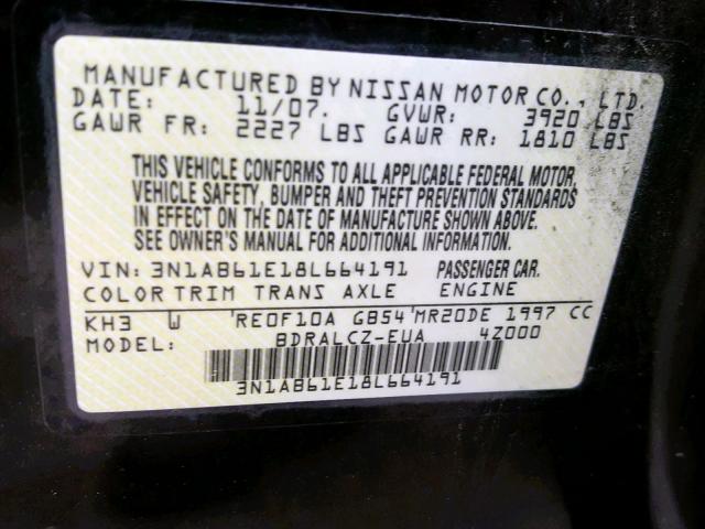 3N1AB61E18L664191 - 2008 NISSAN SENTRA 2.0 BLACK photo 10