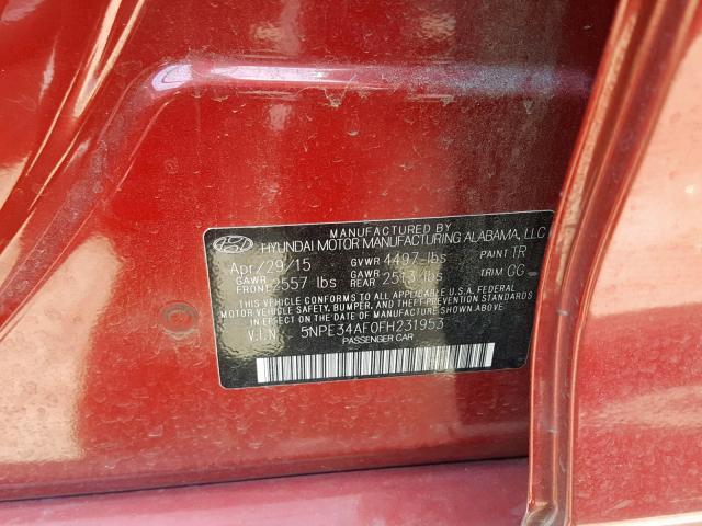 5NPE34AF0FH231953 - 2015 HYUNDAI SONATA SPO RED photo 10