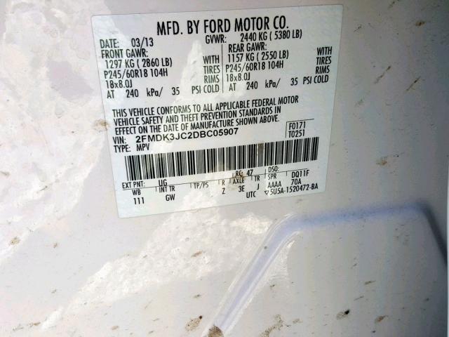 2FMDK3JC2DBC05907 - 2013 FORD EDGE SEL WHITE photo 10