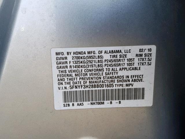 5FNYF3H28BB001605 - 2011 HONDA PILOT LX SILVER photo 10