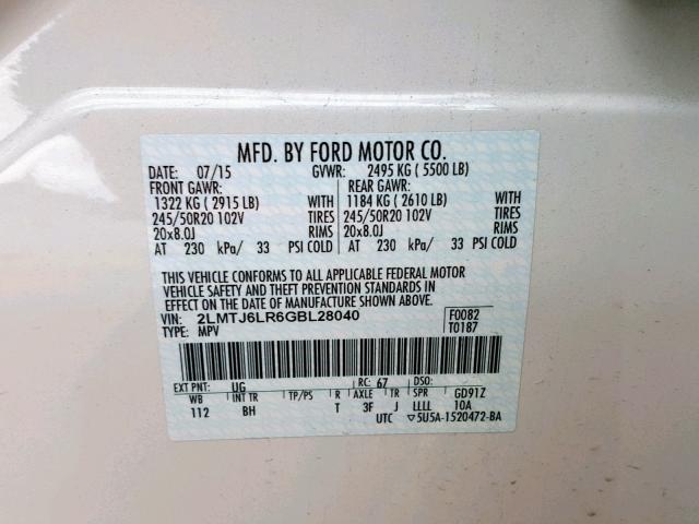 2LMTJ6LR6GBL28040 - 2016 LINCOLN MKX RESERV 白色 照片 10