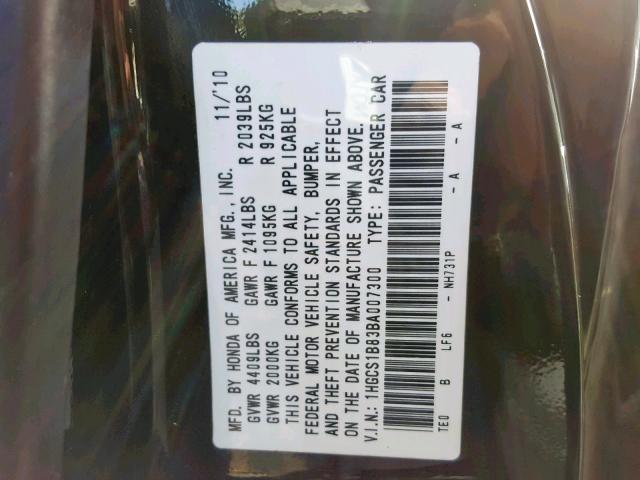 1HGCS1B83BA007300 - 2011 HONDA ACCORD EXL BLACK photo 10