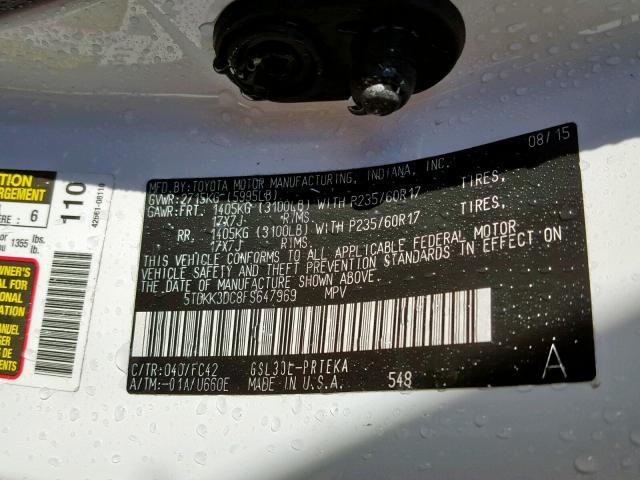 5TDKK3DC8FS647969 - 2015 TOYOTA SIENNA LE WHITE photo 10