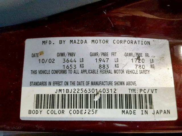 JM1BJ225630140312 - 2003 MAZDA PROTEGE DX MAROON photo 10