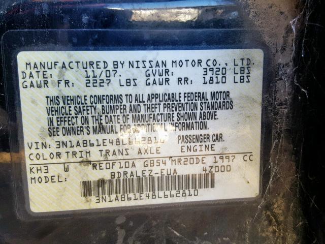 3N1AB61E48L662810 - 2008 NISSAN SENTRA 2.0 BLACK photo 10