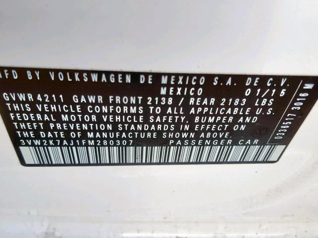 3VW2K7AJ1FM280307 - 2015 VOLKSWAGEN JETTA BASE WHITE photo 10