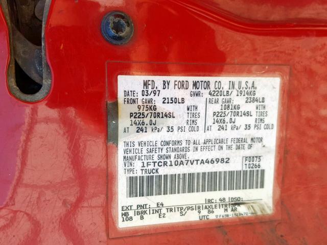 1FTCR10A7VTA46982 - 1997 FORD RANGER RED photo 10