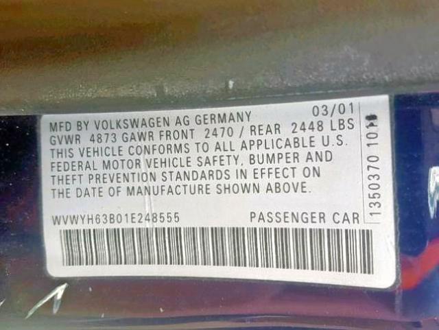 WVWYH63B01E248555 - 2001 VOLKSWAGEN PASSAT GLX 蓝色 照片 10