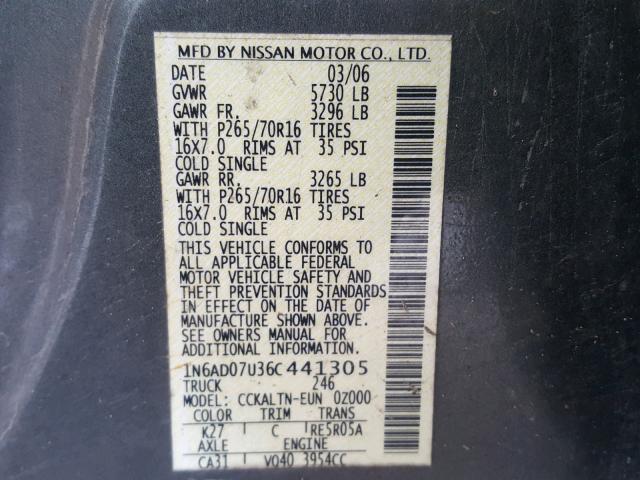 1N6AD07U36C441305 - 2006 NISSAN FRONTIER C GRAY photo 10