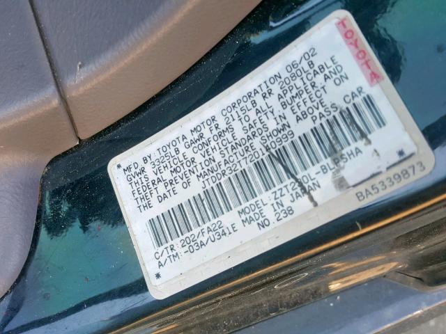 JTDDR32T720140999 - 2002 TOYOTA CELICA GT BLACK photo 10