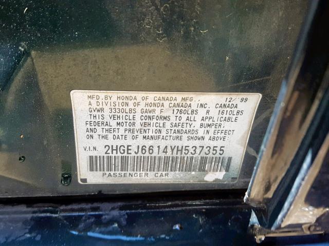 2HGEJ6614YH537355 - 2000 HONDA CIVIC BASE Yaşıl foto 10