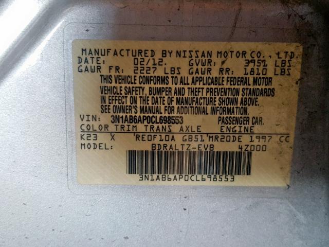 3N1AB6AP0CL698553 - 2012 NISSAN SENTRA 2.0 SILVER photo 10