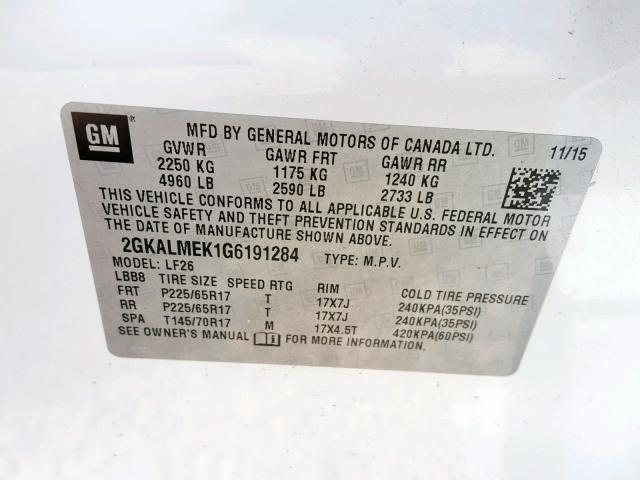 2GKALMEK1G6191284 - 2016 GMC TERRAIN SL WHITE photo 10