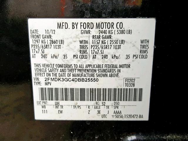 2FMDK3GC4DBB25550 - 2013 FORD EDGE SE BLACK photo 10