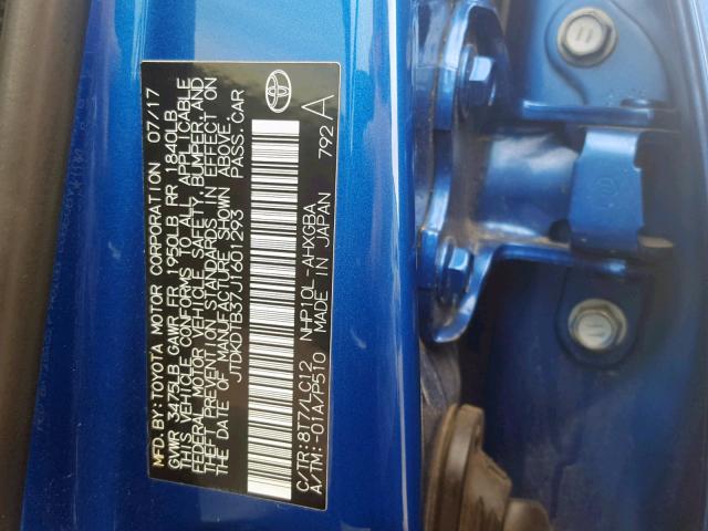 JTDKDTB37J1601293 - 2018 TOYOTA PRIUS C BLUE photo 10