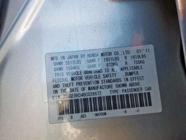 JHMGE8H34BC028672 - 2011 HONDA FIT SILVER photo 10