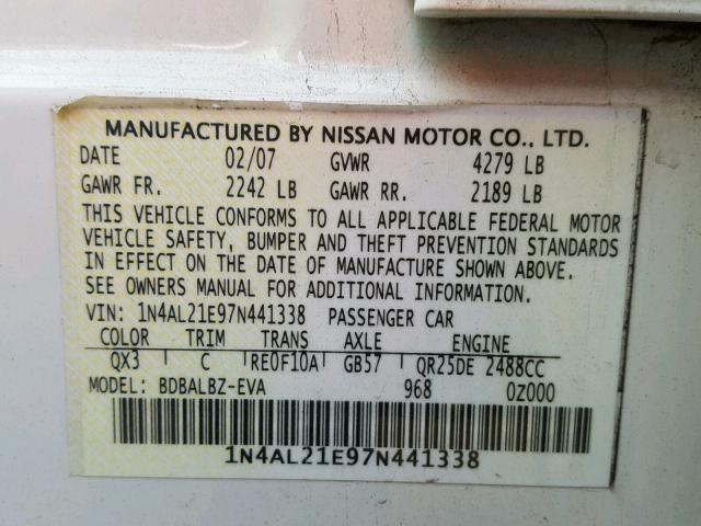 1N4AL21E97N441338 - 2007 NISSAN ALTIMA 2.5 WHITE photo 10