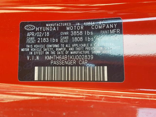 KMHTH6AB1KU002839 - 2019 HYUNDAI VELOSTER T RED photo 10