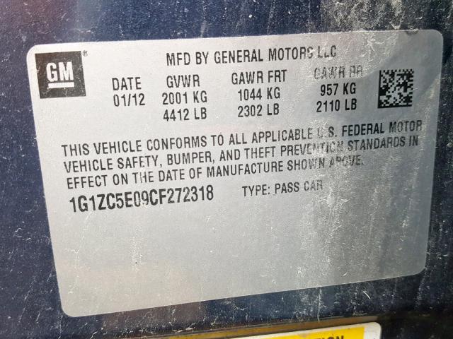 1G1ZC5E09CF272318 - 2012 CHEVROLET MALIBU 1LT BLUE photo 10