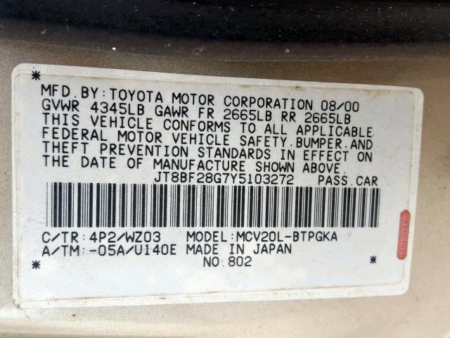 JT8BF28G7Y5103272 - 2000 LEXUS ES 300 TWO TONE photo 10