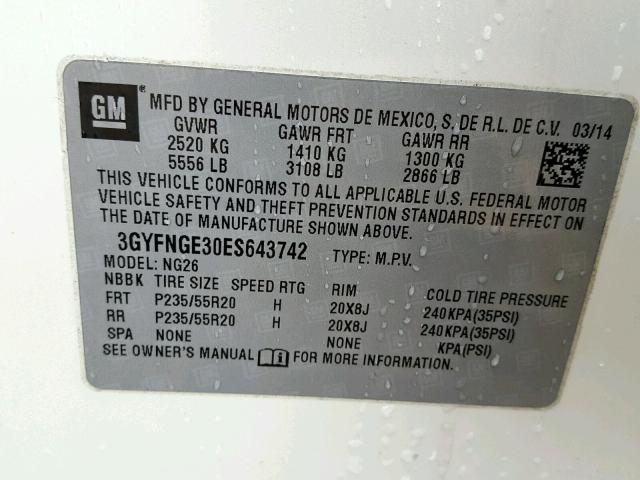 3GYFNGE30ES643742 - 2014 CADILLAC SRX PREMIU WHITE photo 10