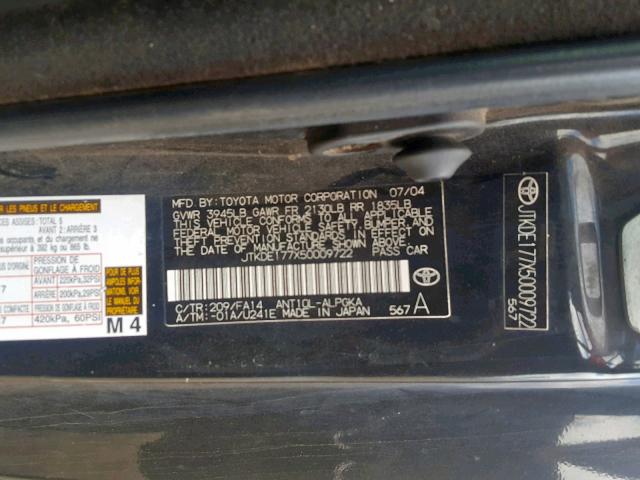 JTKDE177X50009722 - 2005 TOYOTA SCION TC შავი ფოტო 10