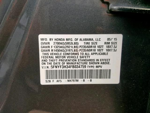 5FNYF3H34FB034759 - 2015 HONDA PILOT SE GRAY photo 10