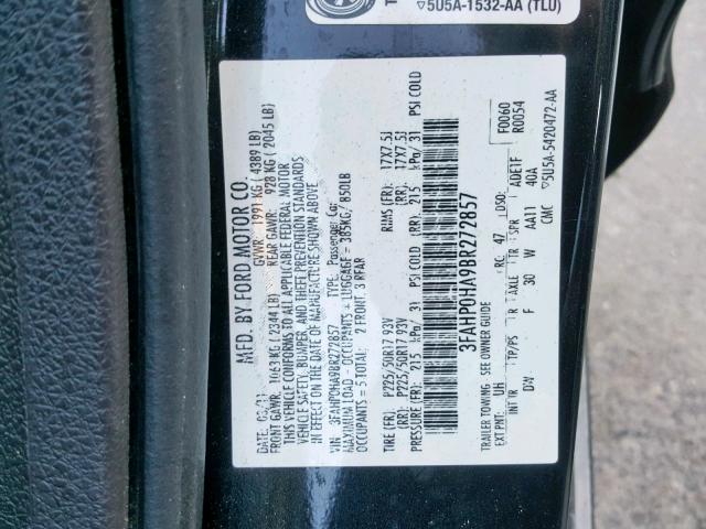 3FAHP0HA9BR272857 - 2011 FORD FUSION SE BLACK photo 10