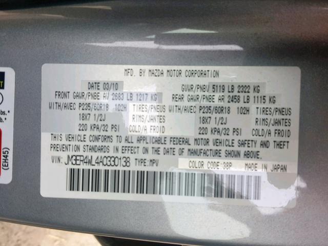 JM3ER4WL4A0330138 - 2010 MAZDA CX-7 GRAY photo 10