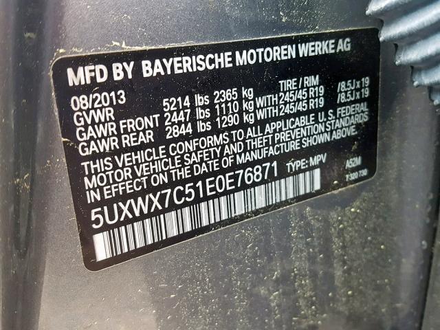 5UXWX7C51E0E76871 - 2014 BMW X3 XDRIVE3 GRAY photo 10