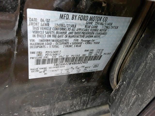 1MEHM41W48G602905 - 2008 MERCURY SABLE LUXU BLACK photo 10