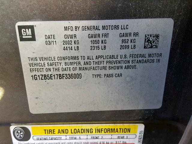 1G1ZB5E17BF336009 - 2011 CHEVROLET MALIBU LS GRAY photo 10