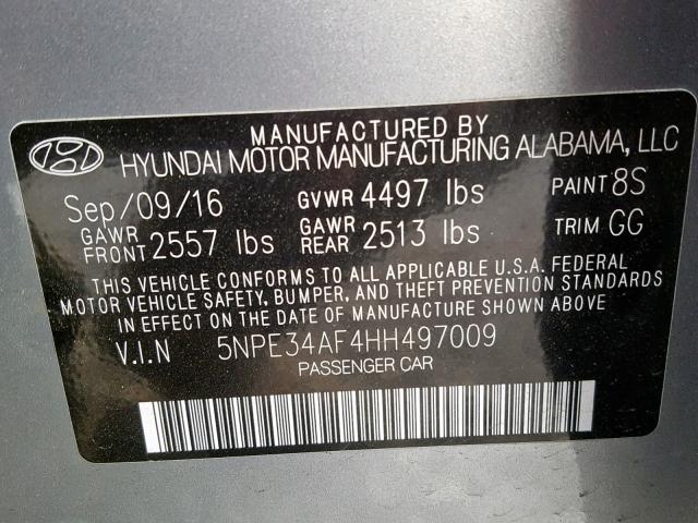 5NPE34AF4HH497009 - 2017 HYUNDAI SONATA SPO GRAY photo 10