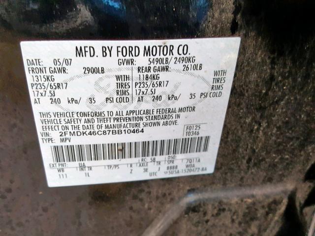 2FMDK46C87BB10464 - 2007 FORD EDGE SE BLACK photo 10