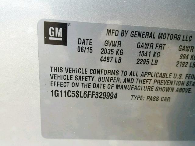 1G11C5SL6FF329994 - 2015 CHEVROLET MALIBU 1LT ვერცხლისფერი ფოტო 10