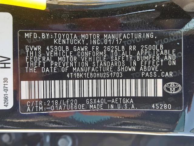 4T1BK1EB0HU251703 - 2017 TOYOTA AVALON XLE BLACK photo 10